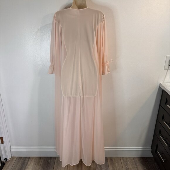 Vintage 1950s 1960s Peignor Robe Nightgown M Pink Chiffon Floral Pleated Pearls - Picture 7 of 9